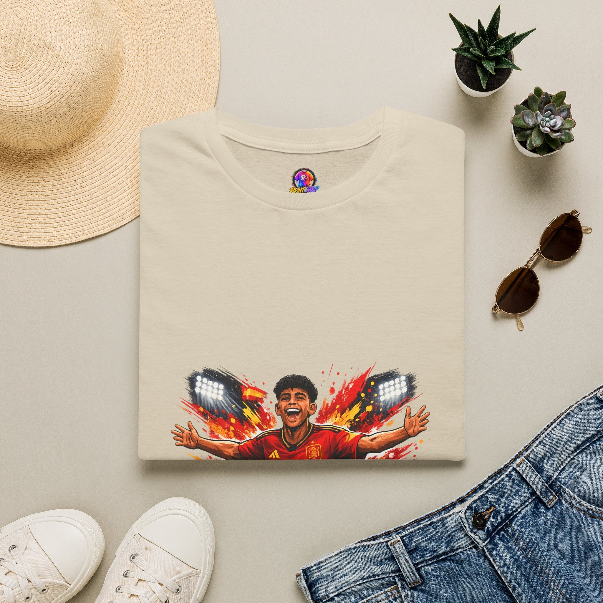 Spain Soccer Fan Portrait T‑Shirt – Fiery Goal Celebration Design