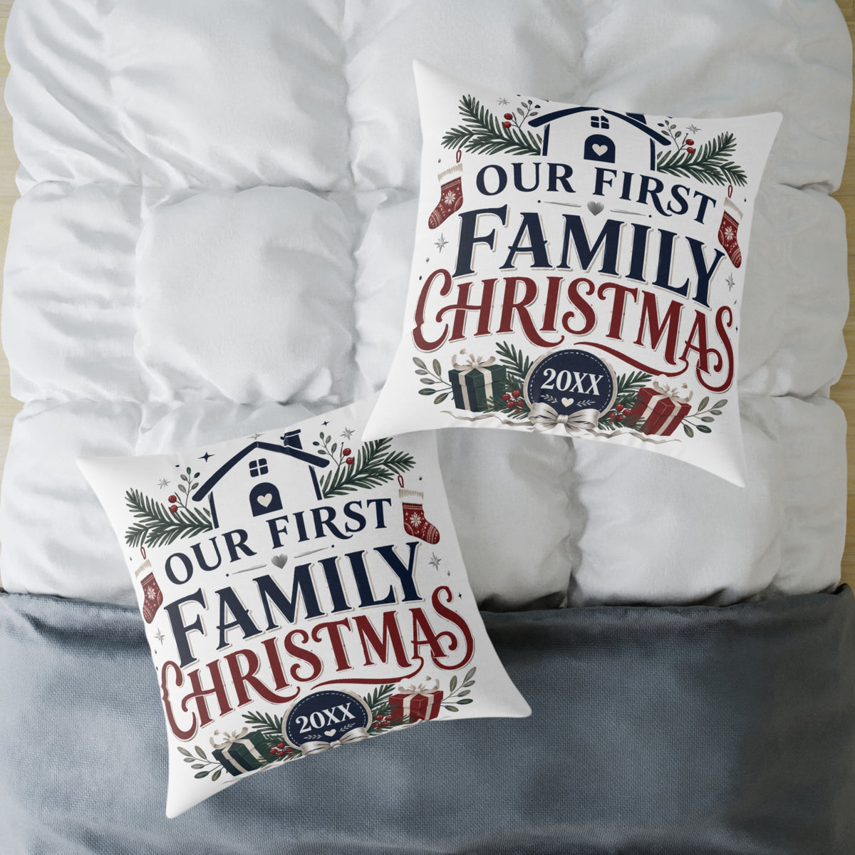 Our First Family Christmas Pillow — Personalized Holiday Decorative Throw Cushion