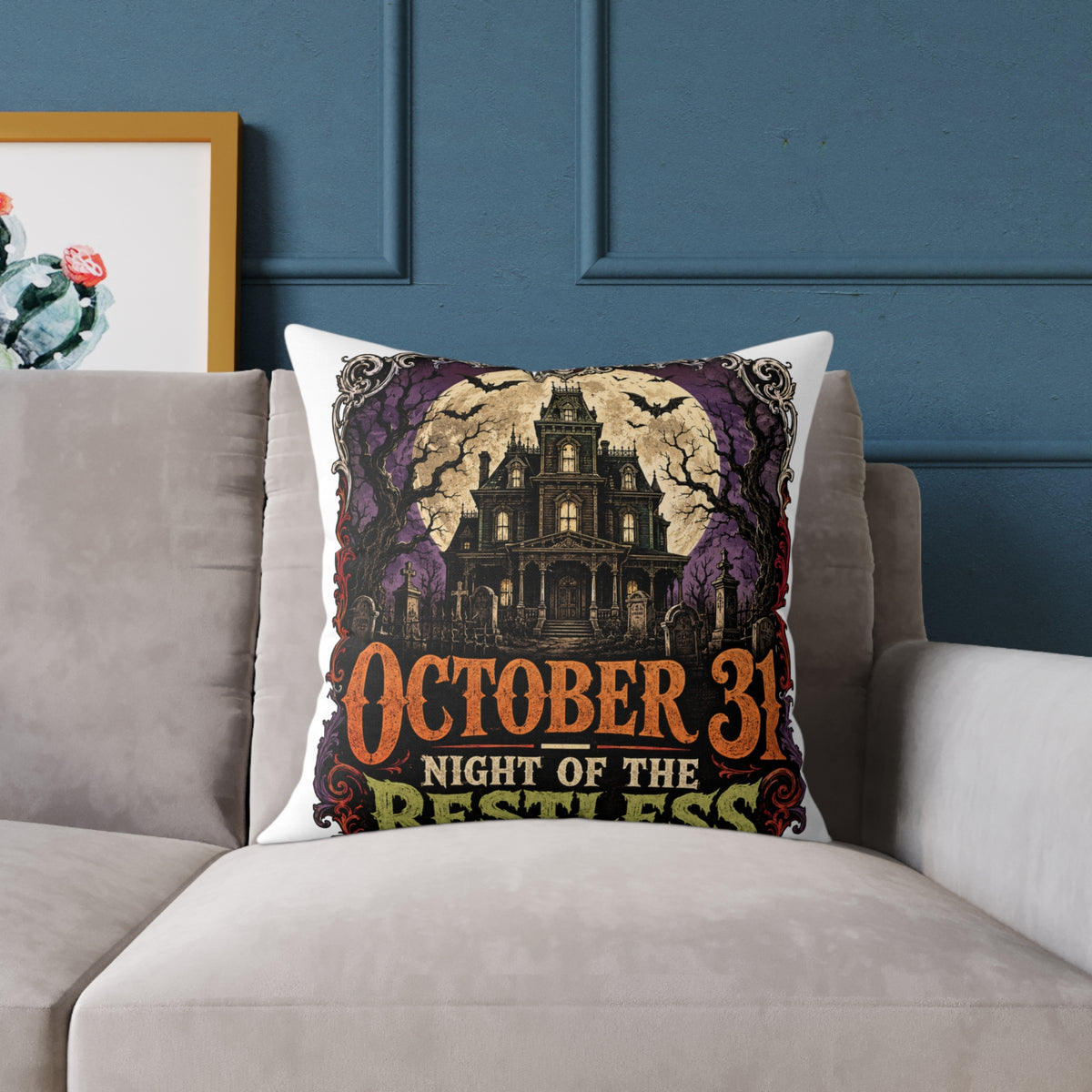Halloween Haunted House Pillow — "October 31 Night of the Restless" Square Canvas Throw Pillow