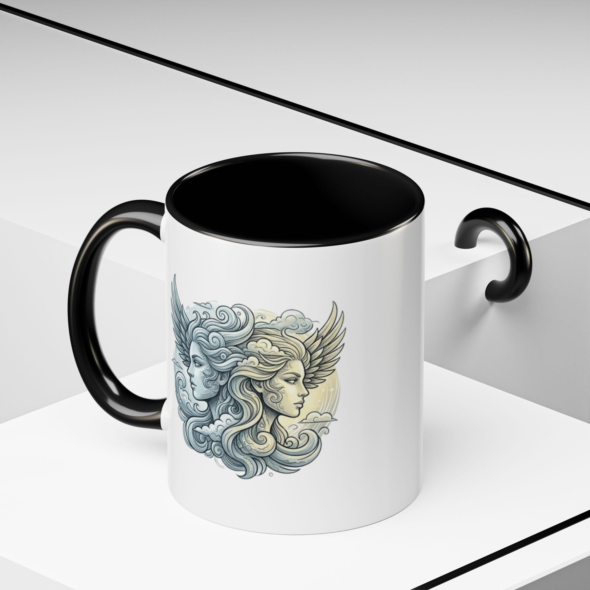 Gemini Twins Accent Coffee Mug — Sun & Moon Winged Faces Illustration