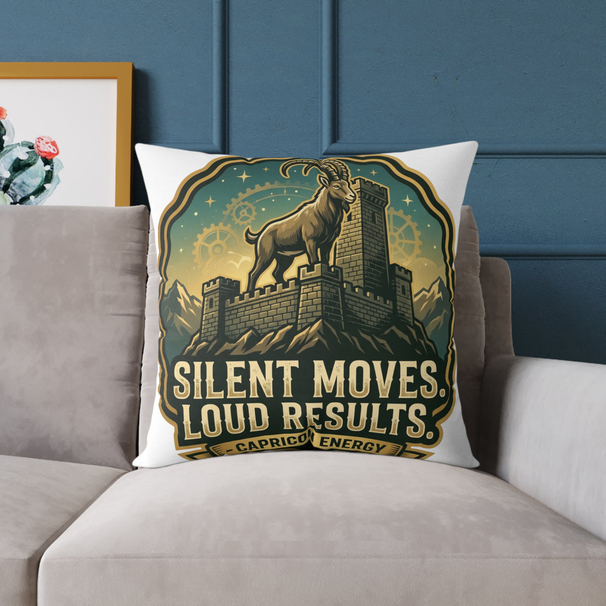Capricorn Pillow — "Silent Moves, Loud Results" Square Throw Pillow