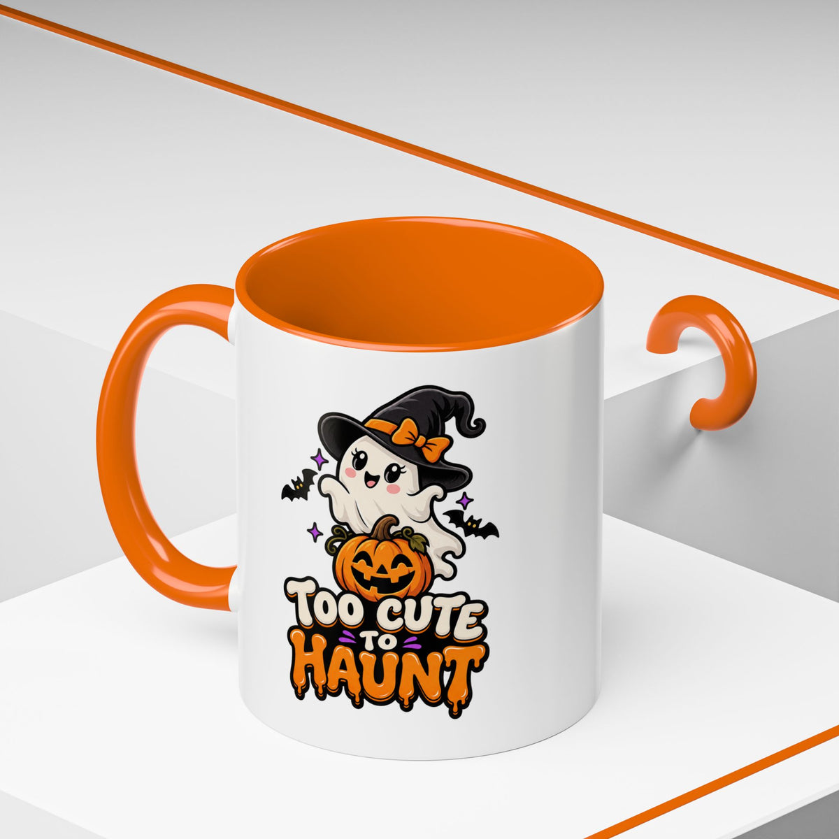Halloween Coffee Mug - 'Too Cute to Haunt' Ghost Pumpkin Accent Mug