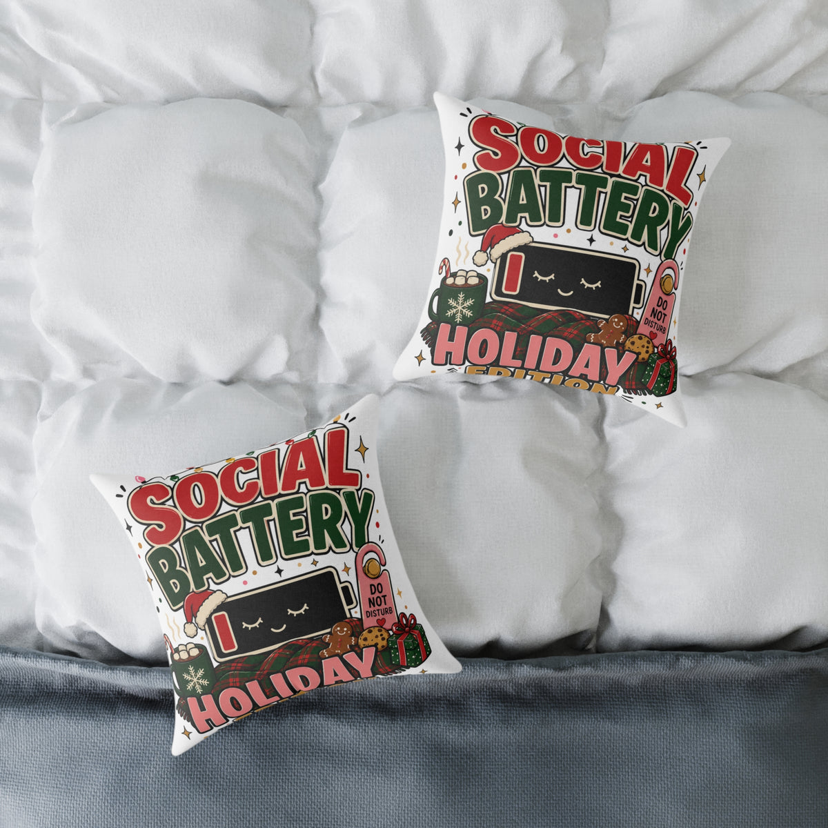 Social Battery Holiday Modern Day Christmas Pillow — Cute Low Energy Christmas Throw Pillow