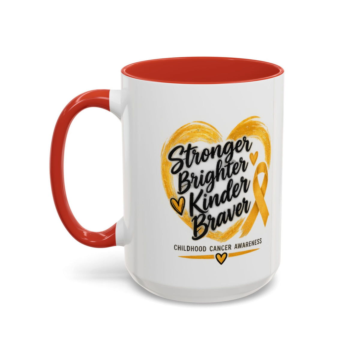 Childhood Cancer Awareness Accent Coffee Mug — "Stronger Brighter Kinder Braver"