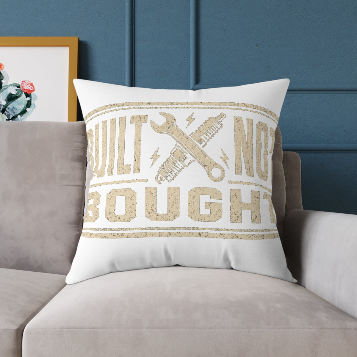 Built Not Bought Throw Pillow Milo Bailey Dog Dad Mom— Rustic DIY Mechanic Accent Cushion