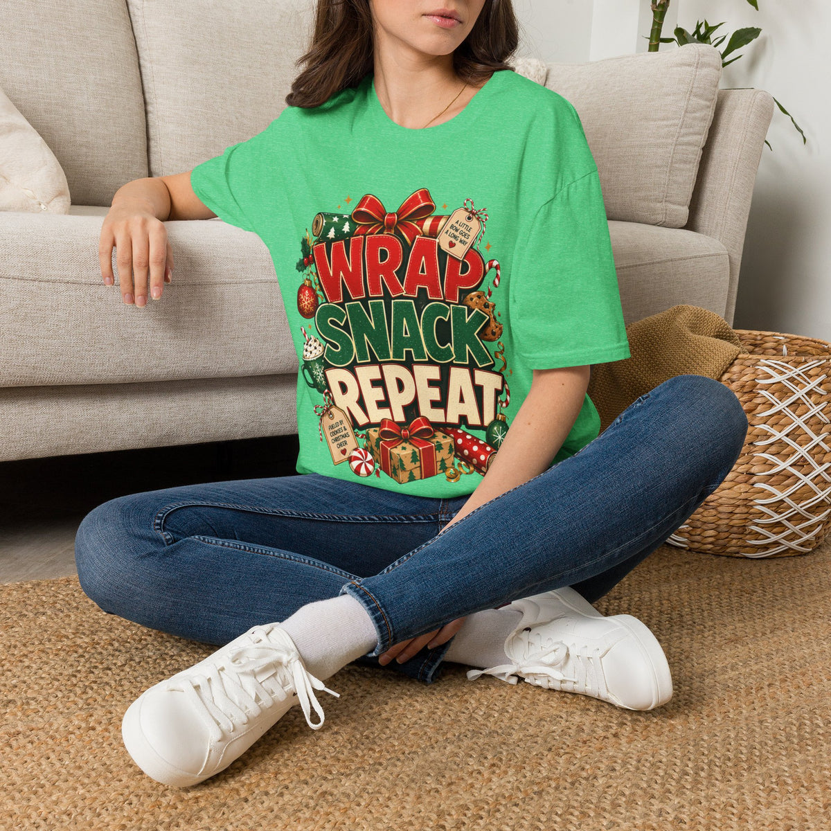 T-Shirt — "Wrap Snack Repeat" Christmas Graphic Tee