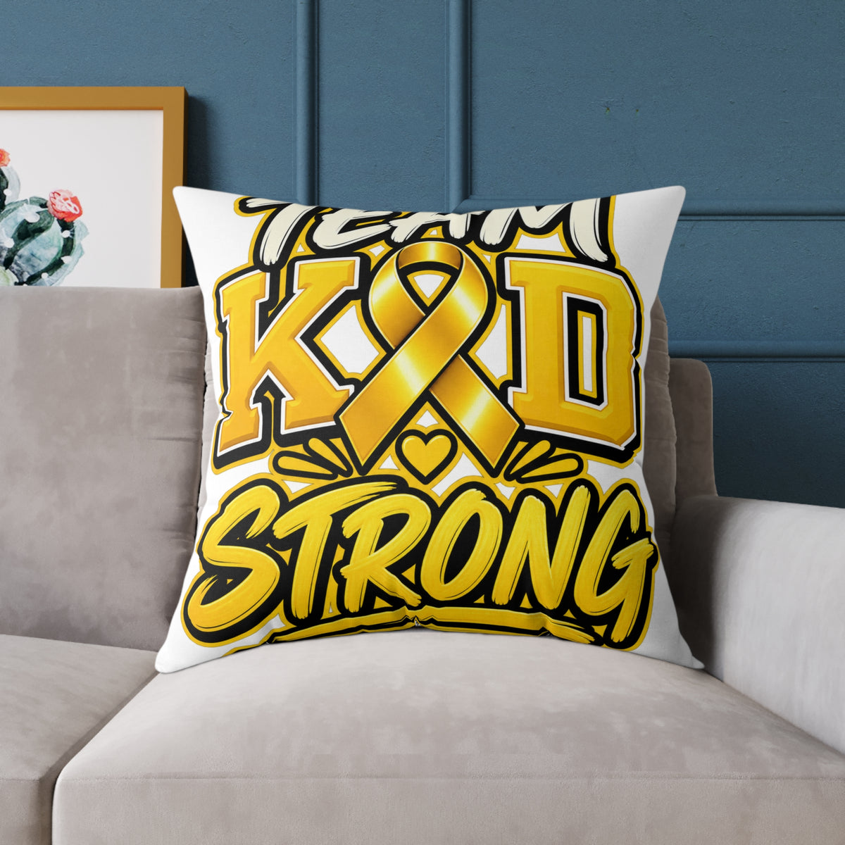 Team Kid Strong Square Throw Pillow — Childhood Cancer Awareness Ribbon Accent