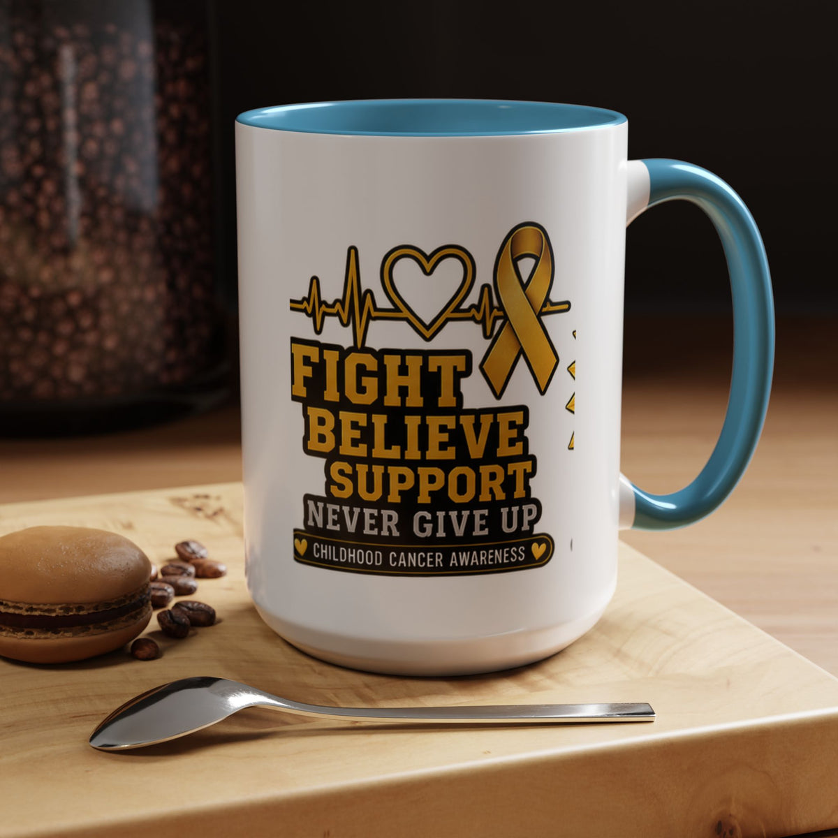 Childhood Cancer Awareness Accent Coffee Mug — "Fight Believe Support" 11/15oz