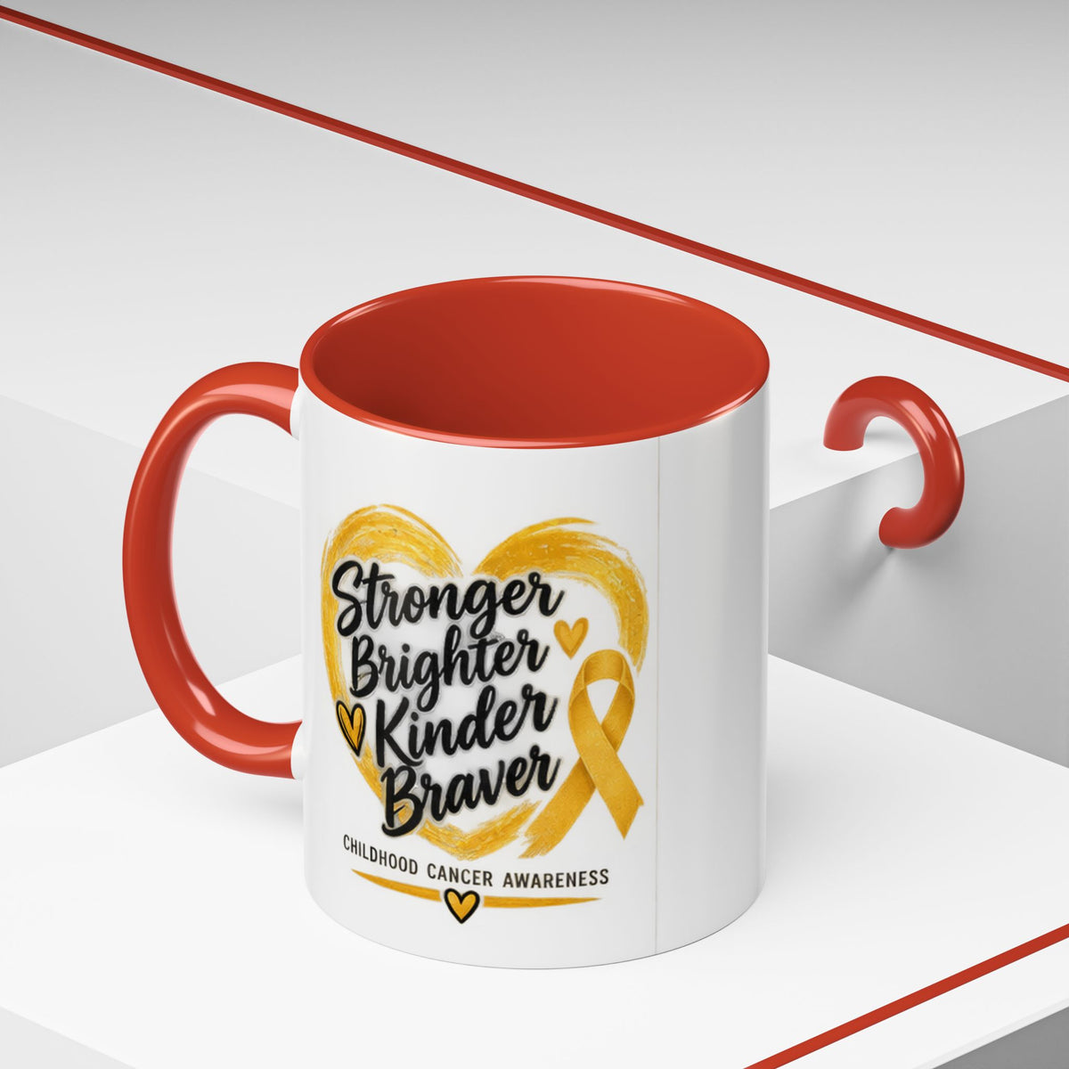 Childhood Cancer Awareness Accent Coffee Mug — "Stronger Brighter Kinder Braver"