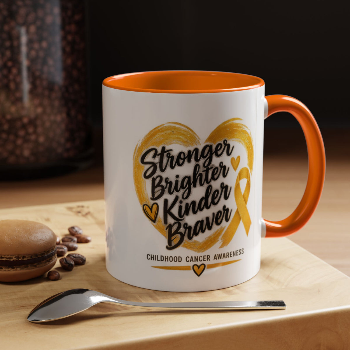 Childhood Cancer Awareness Accent Coffee Mug — "Stronger Brighter Kinder Braver"