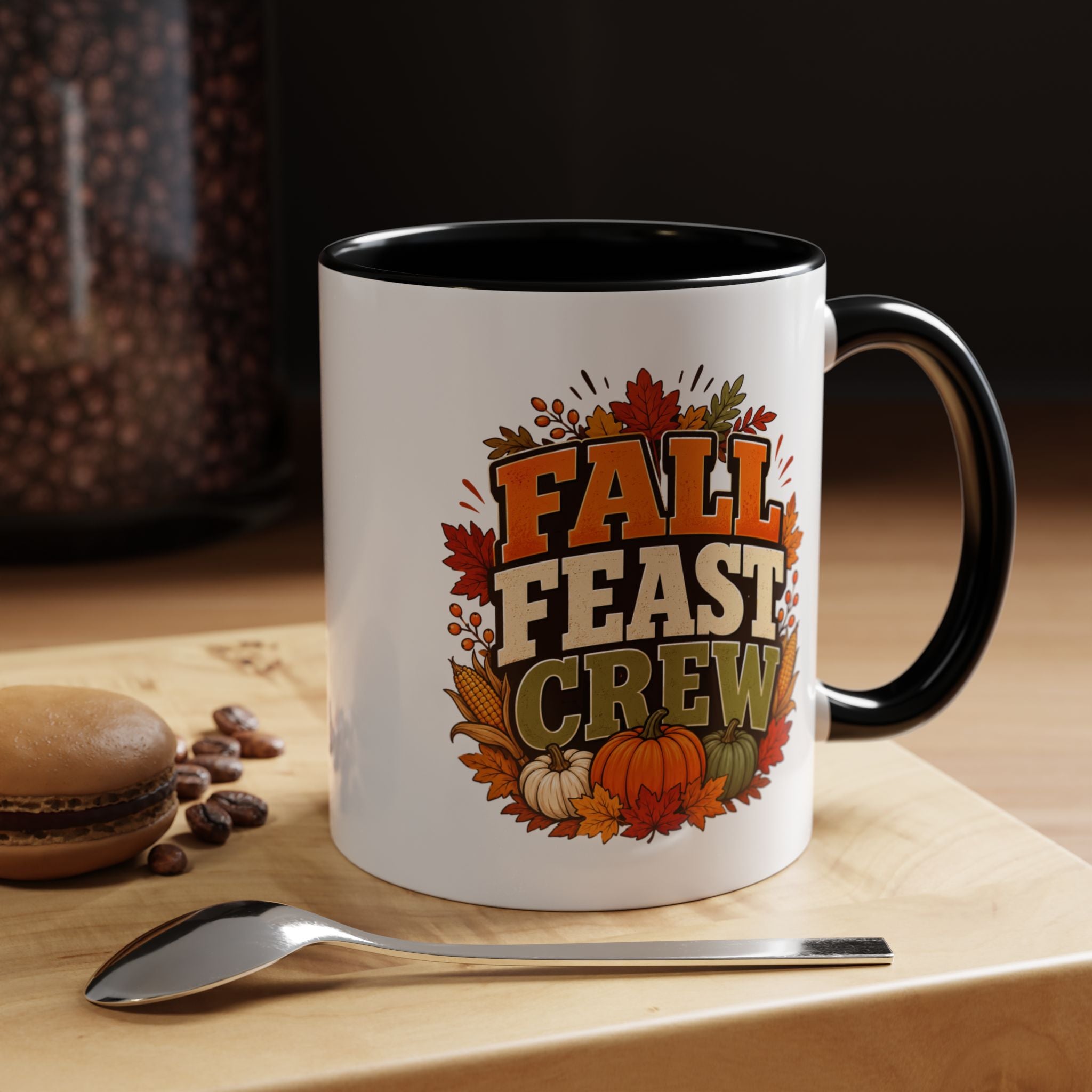 Thanksgiving Mug Fall Feast Crew Coffee Mug — Thanksgiving Pumpkin Autumn Leaves Accent Mug