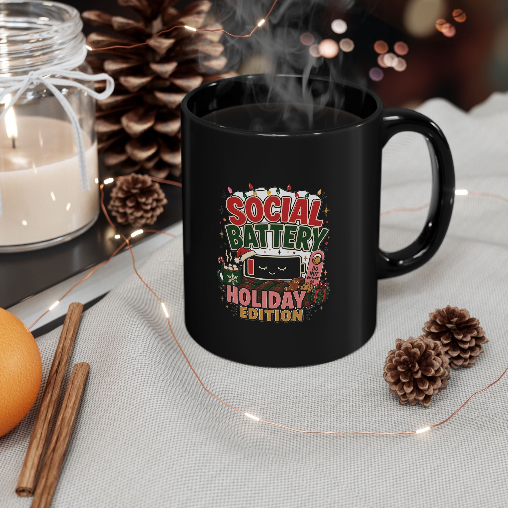 Modern Day Christmas Holiday Social Battery Mug — 'Social Battery: Holiday Edition' Ceramic Coffee Cup