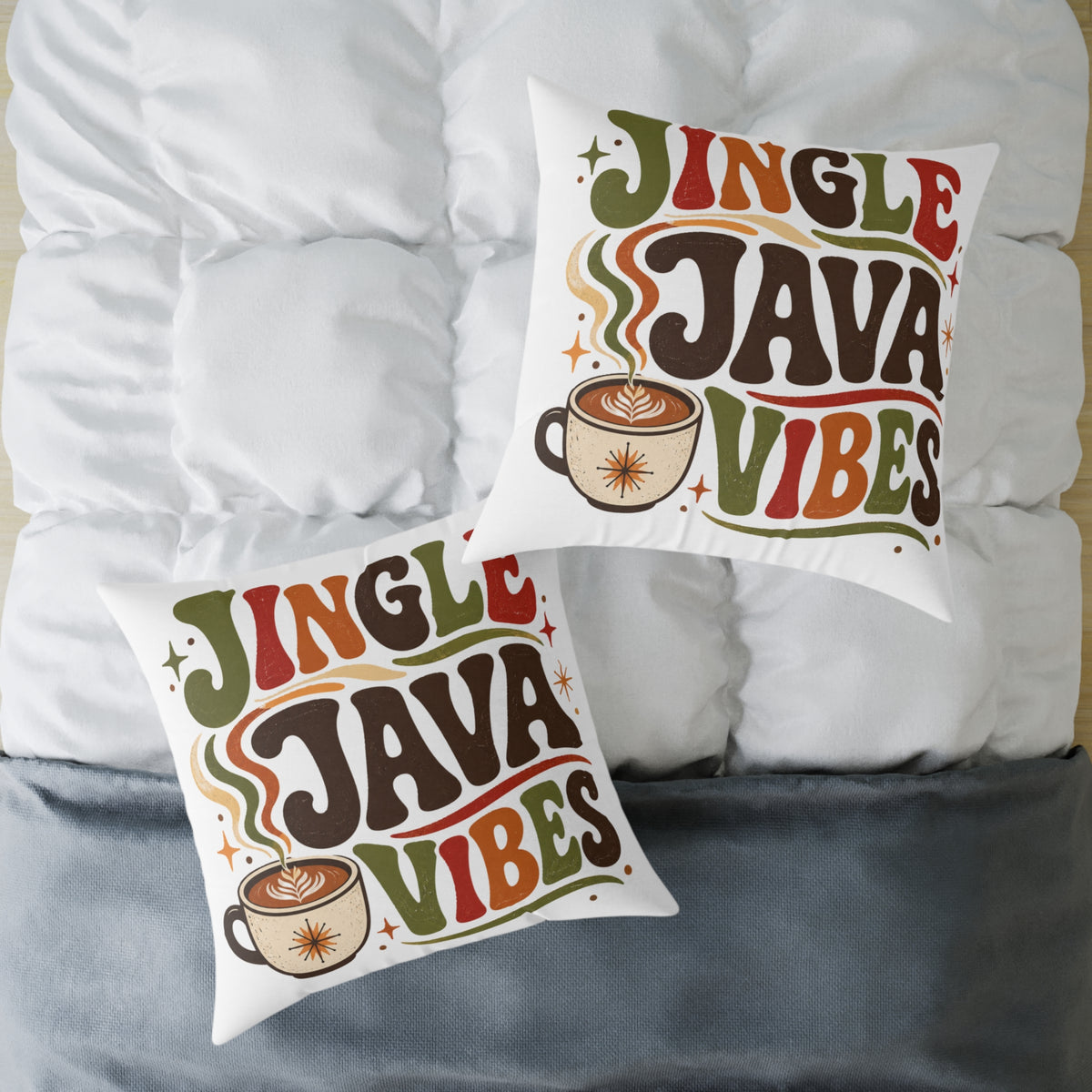 Christmas Square Pillow — "Jingle Java Vibes" Coffee Holiday Decorative Cushion