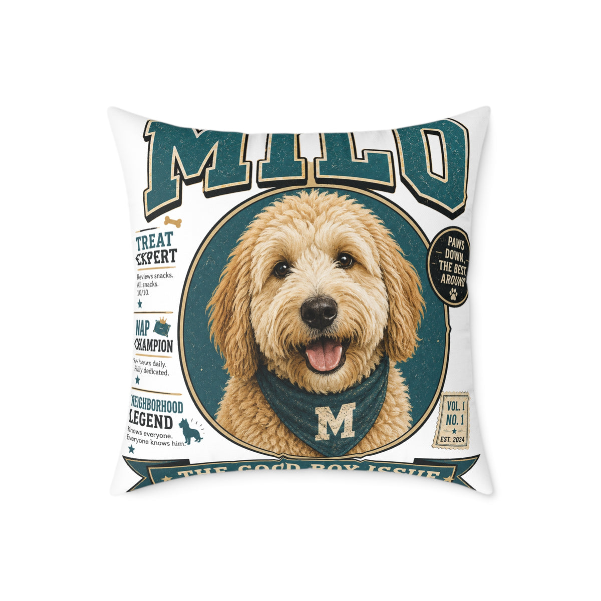 Personalized Dog Portrait Pillow — Milo Bailey Dog Dad Mom  'Milo' Vintage Pet Photo Square Throw Pillow