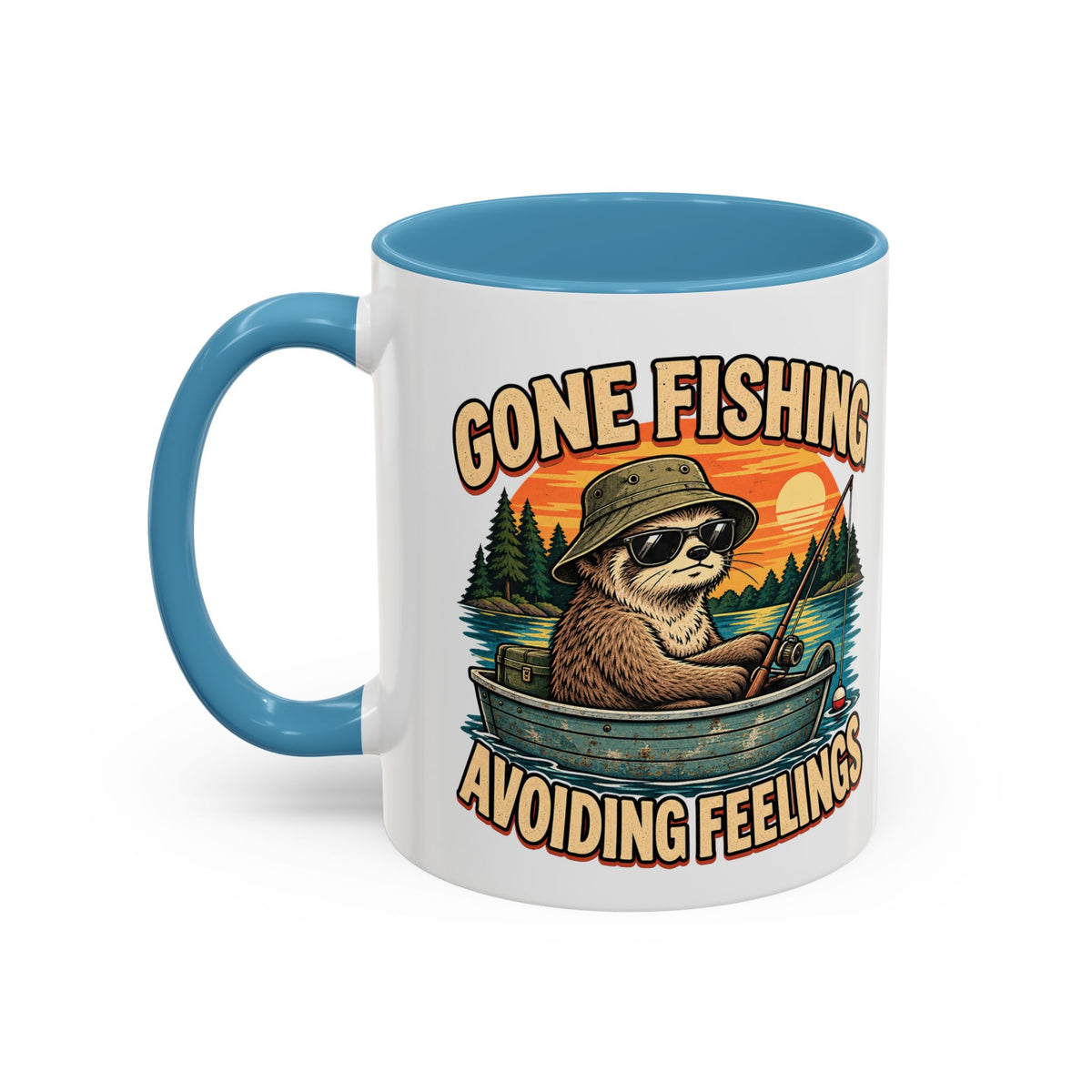 Funny And Witty "Gone Fishing Avoiding Feelings" Accent Coffee Mug (11, 15oz)