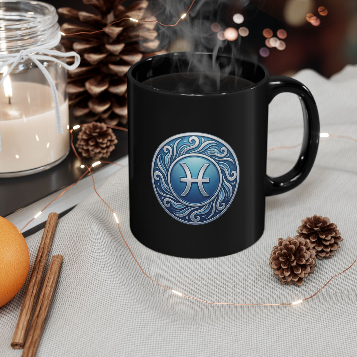 Pisces Zodiac Coffee Mug - Blue Astrology Symbol on Black Ceramic