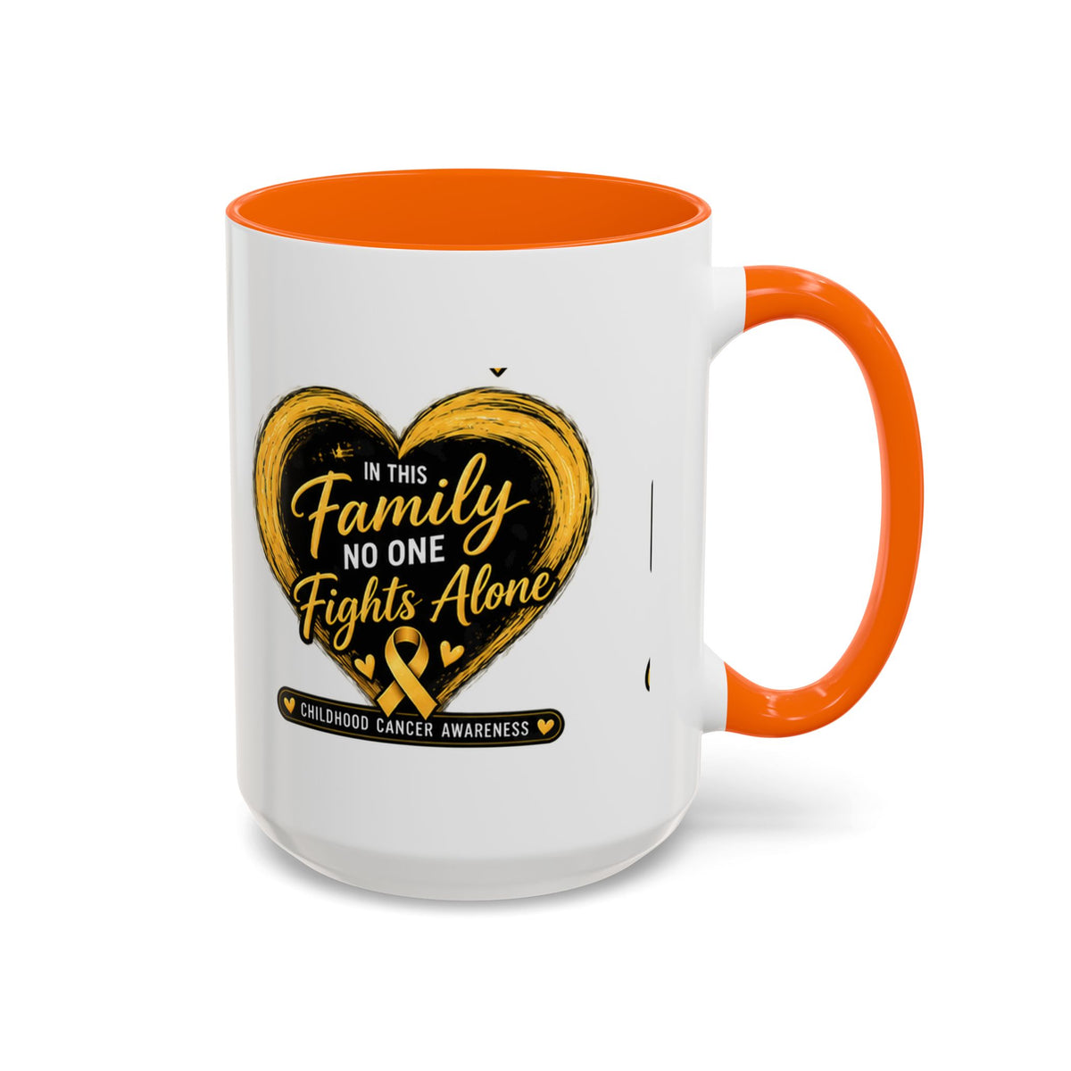 Childhood Cancer Awareness Accent Coffee Mug — "In This Family No One Fights Alone"