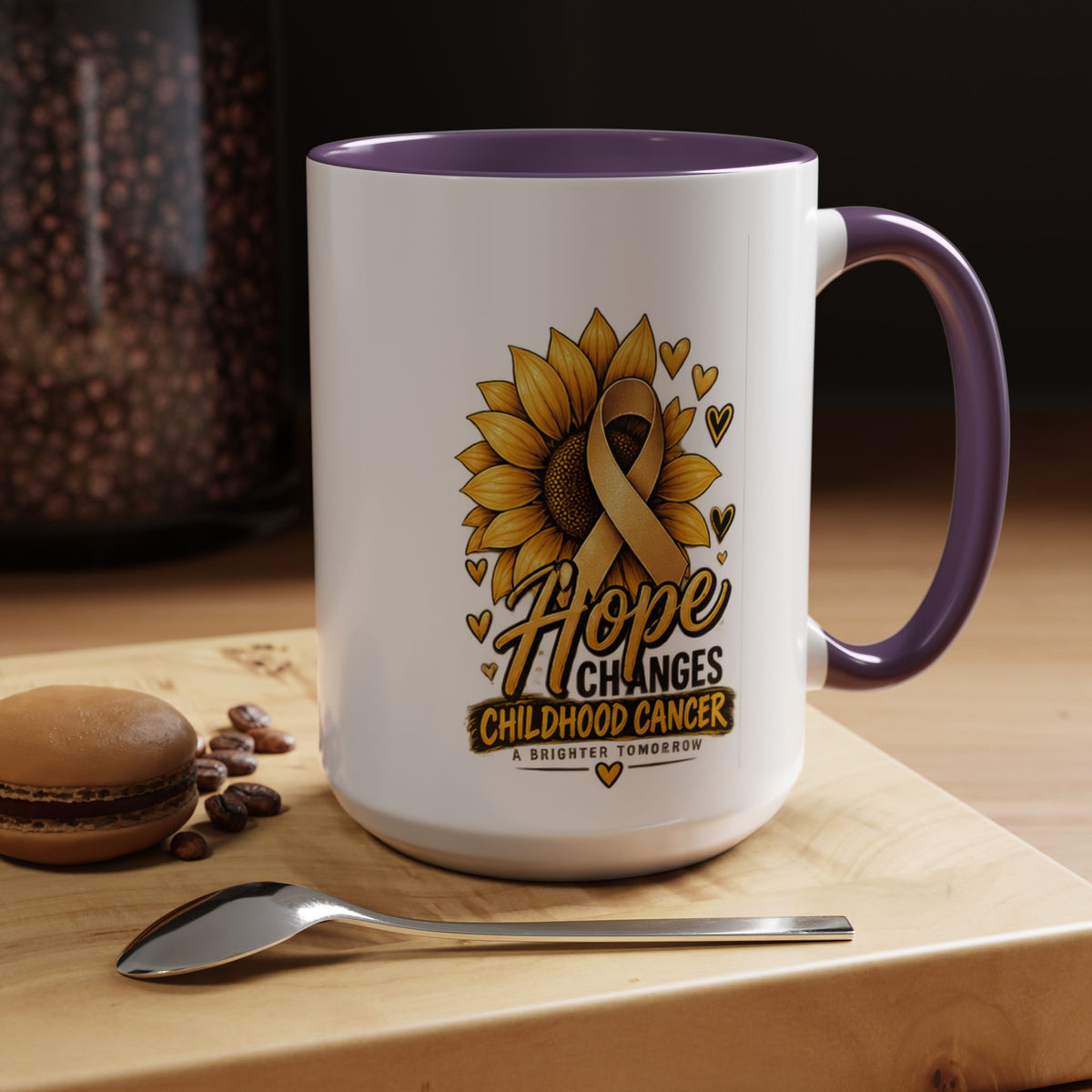 Hope Changes Childhood Cancer Mug – Gold Ribbon Sunflower Accent Coffee Cup (11/15oz)