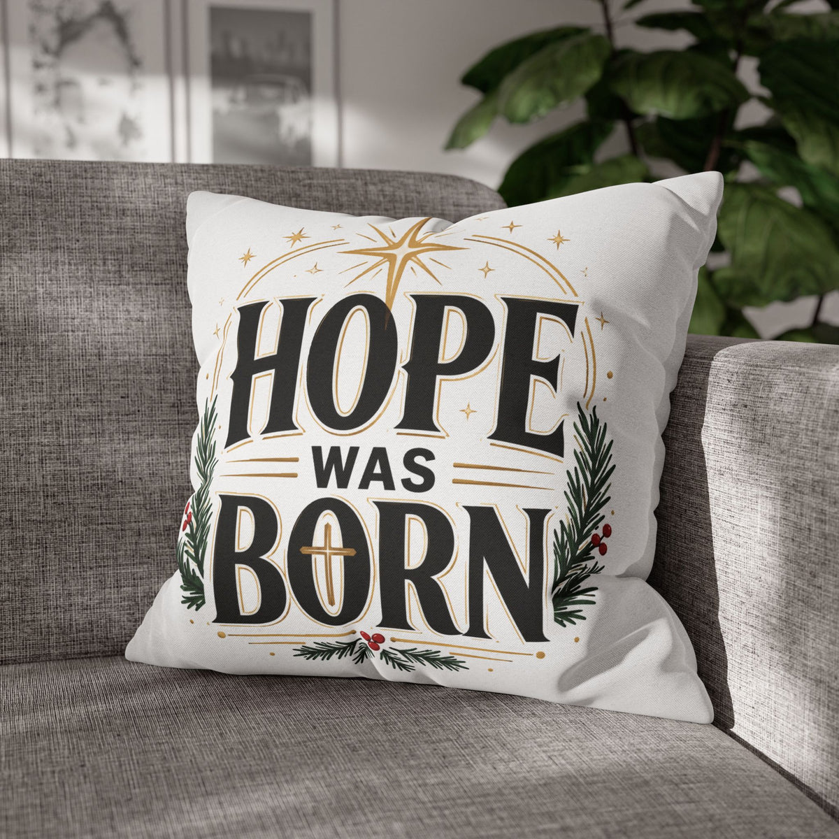 Christmas Hope Was Born Holiday Pillowcase - Christmas Nativity Decorative Throw Pillow Cover