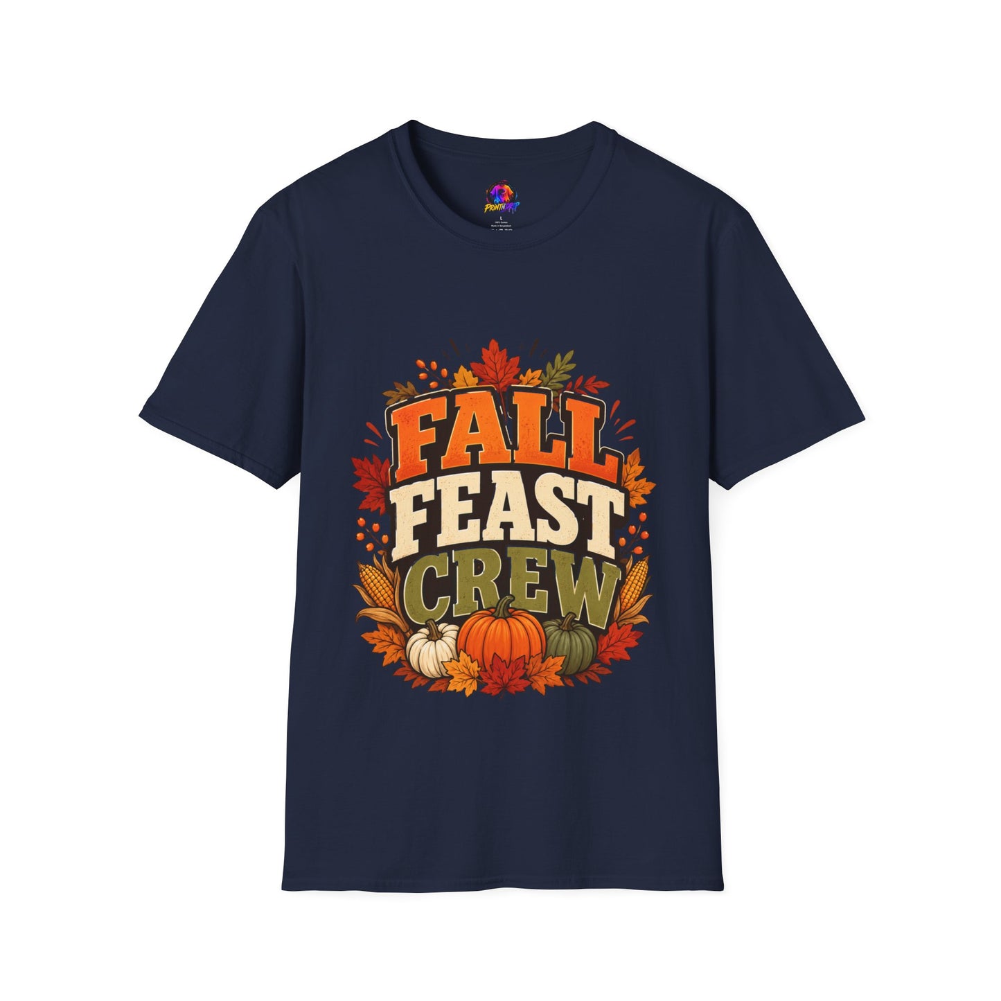 Fall Feast Crew T-Shirt — Thanksgiving Pumpkin & Leaves Graphic Tee