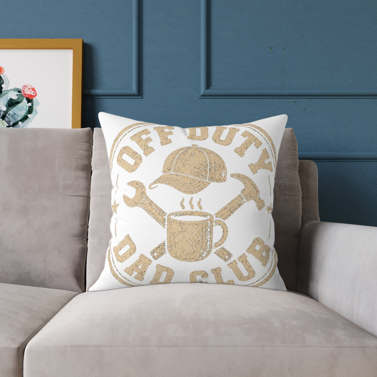 Milo Bailey Dog Dad Mom Square Pillow — "Off Duty Dad Club" Rustic Workshop Decorative Throw Pillow