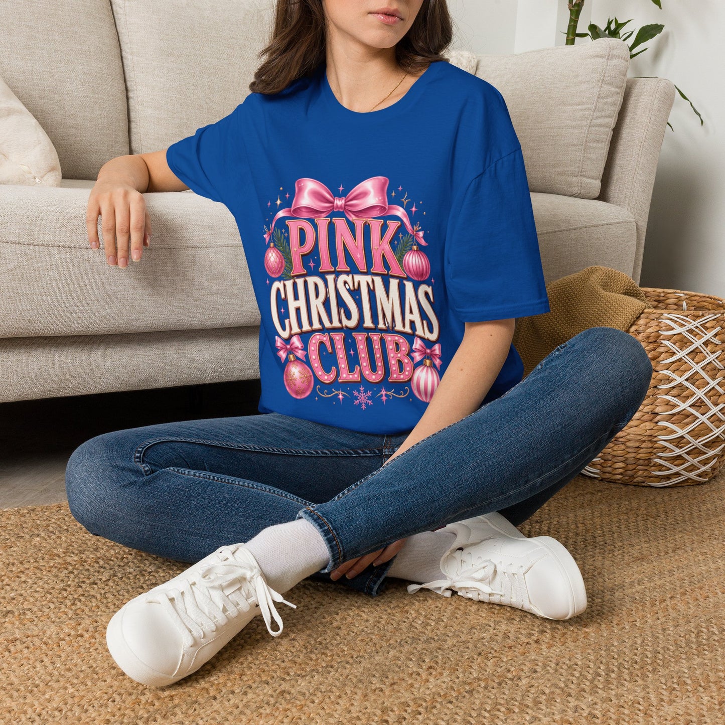 Pink Christmas Club T-Shirt — Womens Festive Holiday Tee with Bow & Ornaments