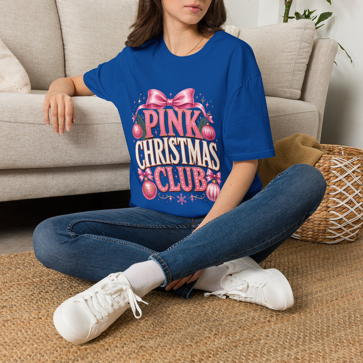 Pink Christmas Club T-Shirt — Womens Festive Holiday Tee with Bow & Ornaments