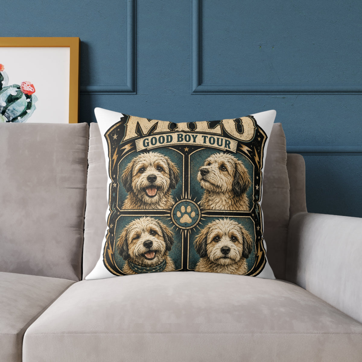 Dog Portrait Pillow - "Good Boy Tour" Vintage Puppy Square Throw Pillow  Milo Bailey Dog Dad Mom