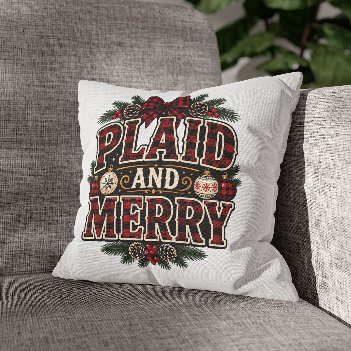 Plaid and Merry Christmas Throw Pillowcase — Festive Buffalo Plaid Holiday Decor
