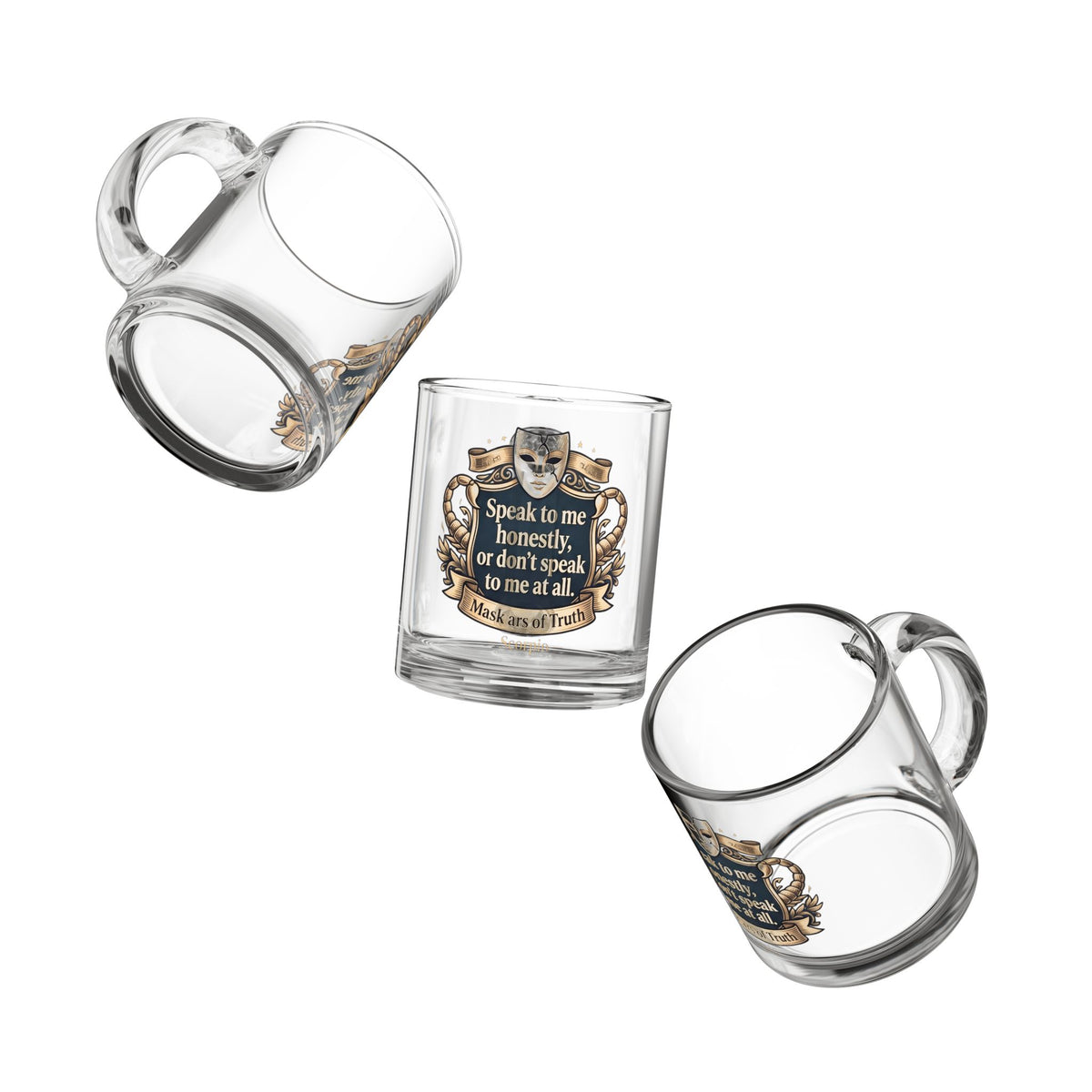 Scorpion Glass Mug — “Speak to Me Honestly” Mask of Truth Ceramic-Style 10oz Coffee Cup