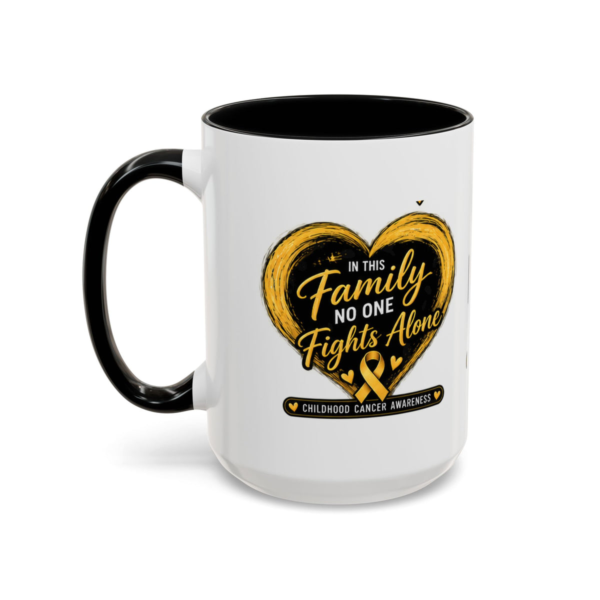 Childhood Cancer Awareness Accent Coffee Mug — "In This Family No One Fights Alone"