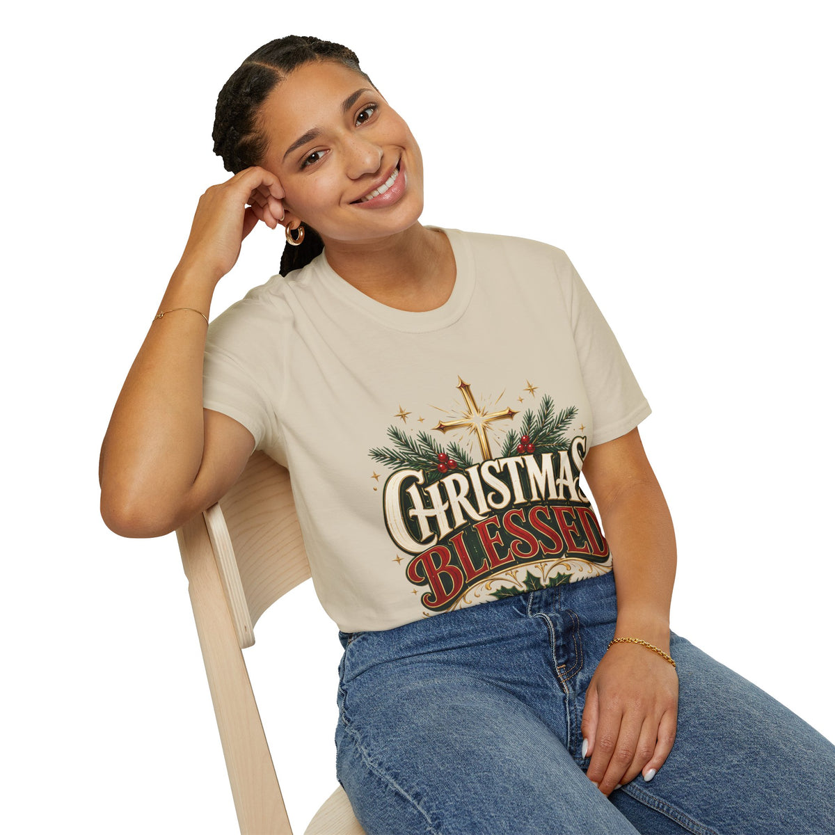 Christmas Blessed T-Shirt — Faith-Based Holiday Tee with Cross & Pine Design