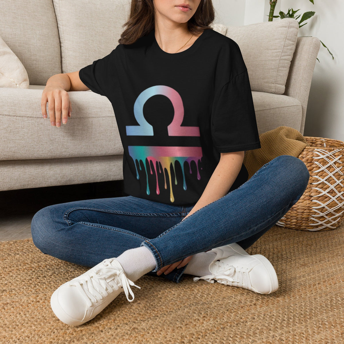 Libra Zodiac Omega Symbol T‑Shirt — Pastel Gradient Drip Graphic Shirt