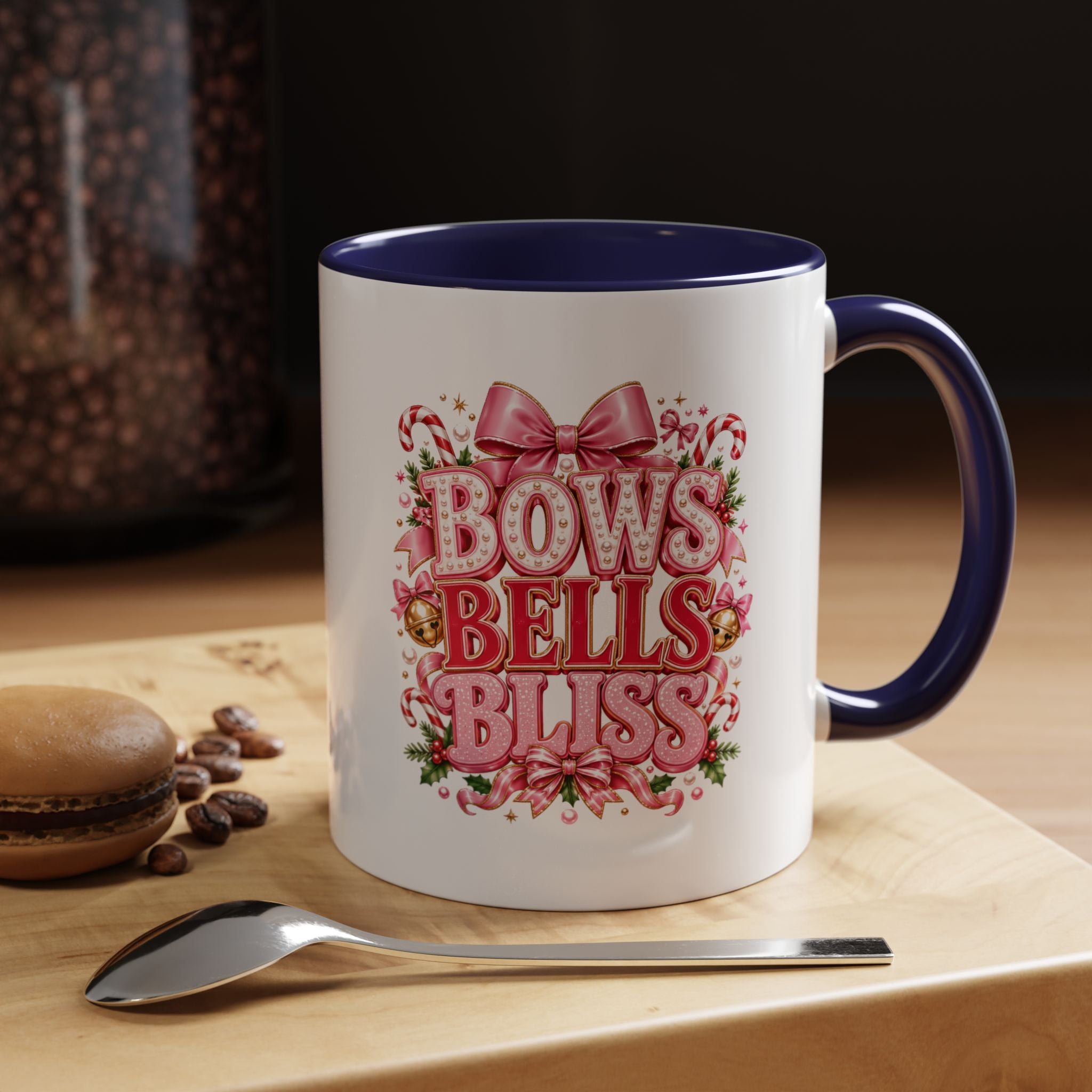 Modern Day Christmas Bows Bells Bliss Coffee Mug — Pink Holiday Accent Mug