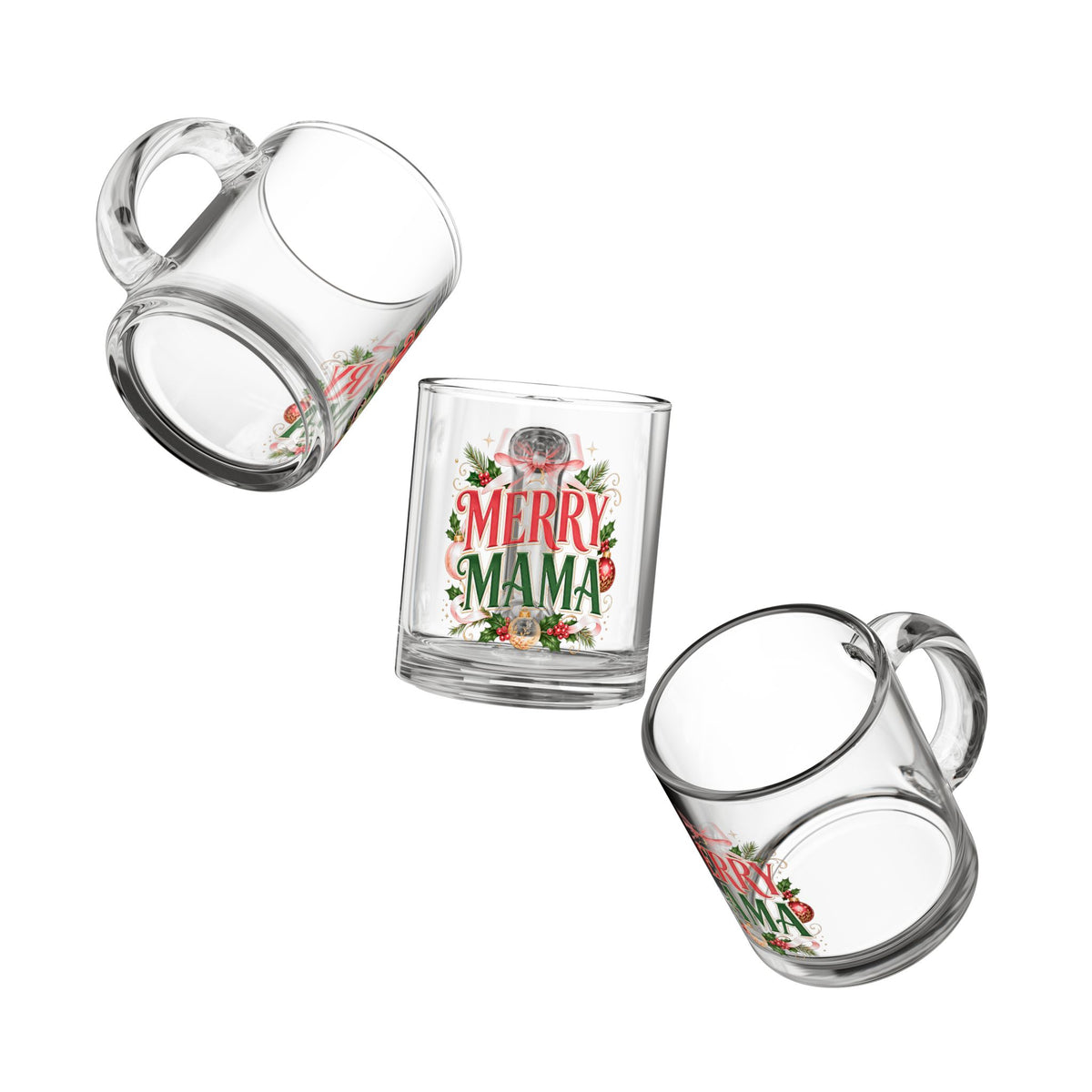 Christmas Glass Mug 10 oz Merry Mama Glass Mug — 10oz Christmas Coffee Cup with Festive Wreath Design