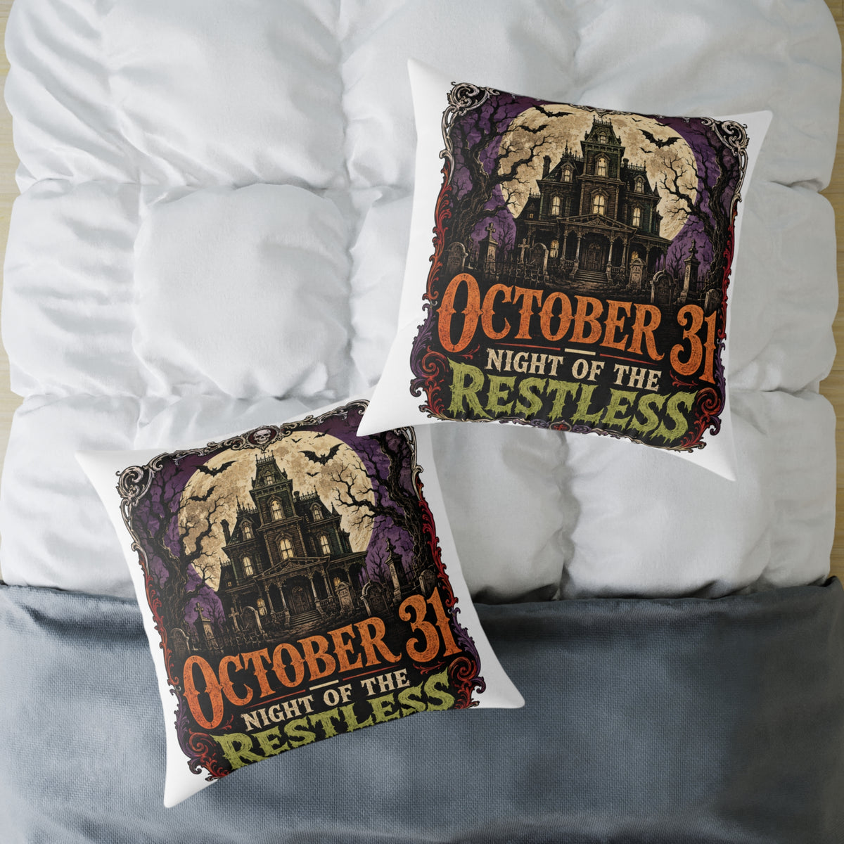Halloween Haunted House Pillow — "October 31 Night of the Restless" Square Canvas Throw Pillow