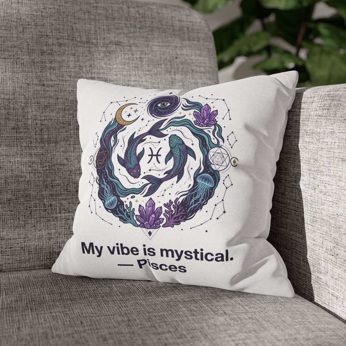 Pisces Zodiac Pillowcase — "My vibe is mystical" Decorative Throw Pillow Cover