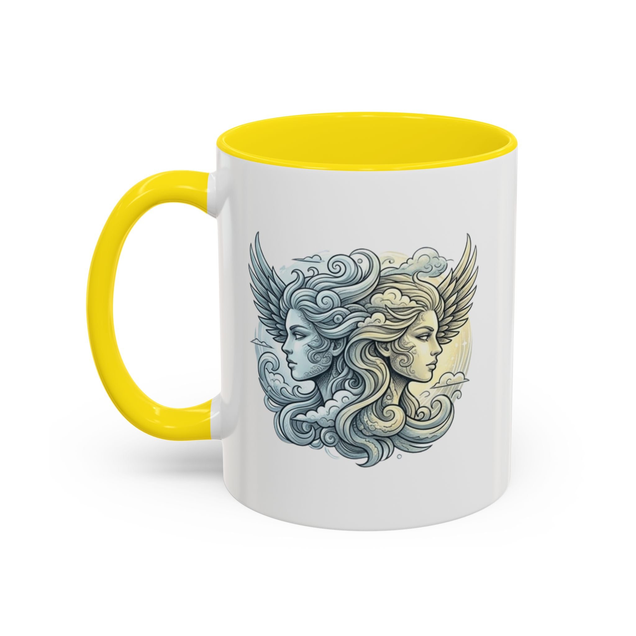 Gemini Twins Accent Coffee Mug — Sun & Moon Winged Faces Illustration