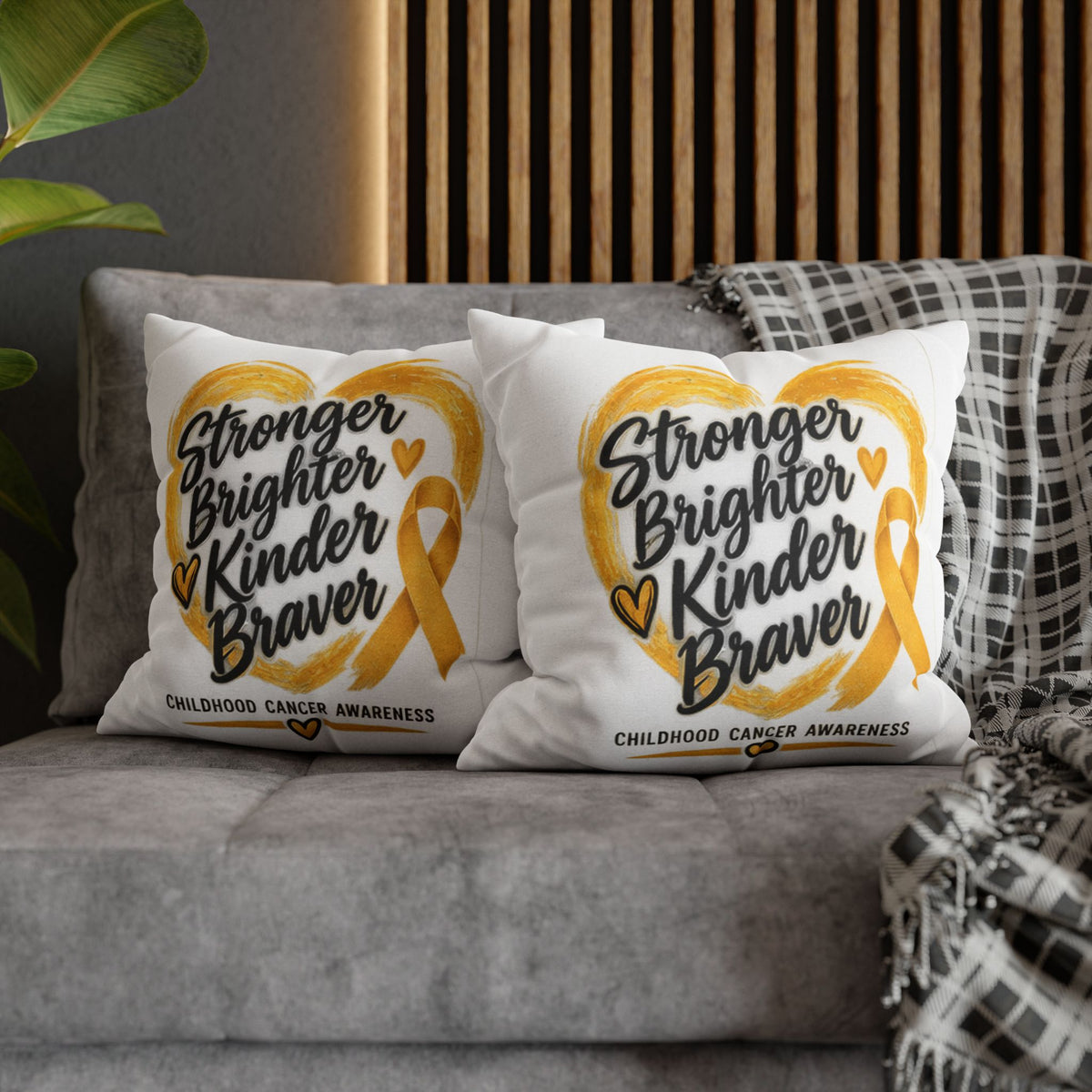 Childhood Cancer Awareness Pillowcase — "Stronger Brighter Kinder Braver" Gold Ribbon