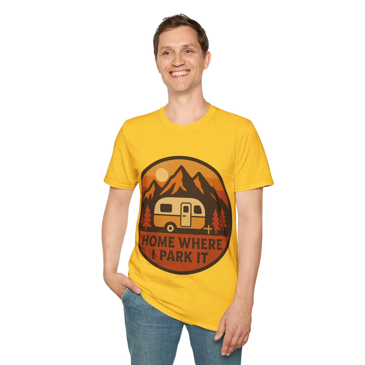 "Home Where I Park It" Vintage Camper Van Graphic Tee - Retro Sunset Mountain White T-Shirt - Trending Now - September 2026