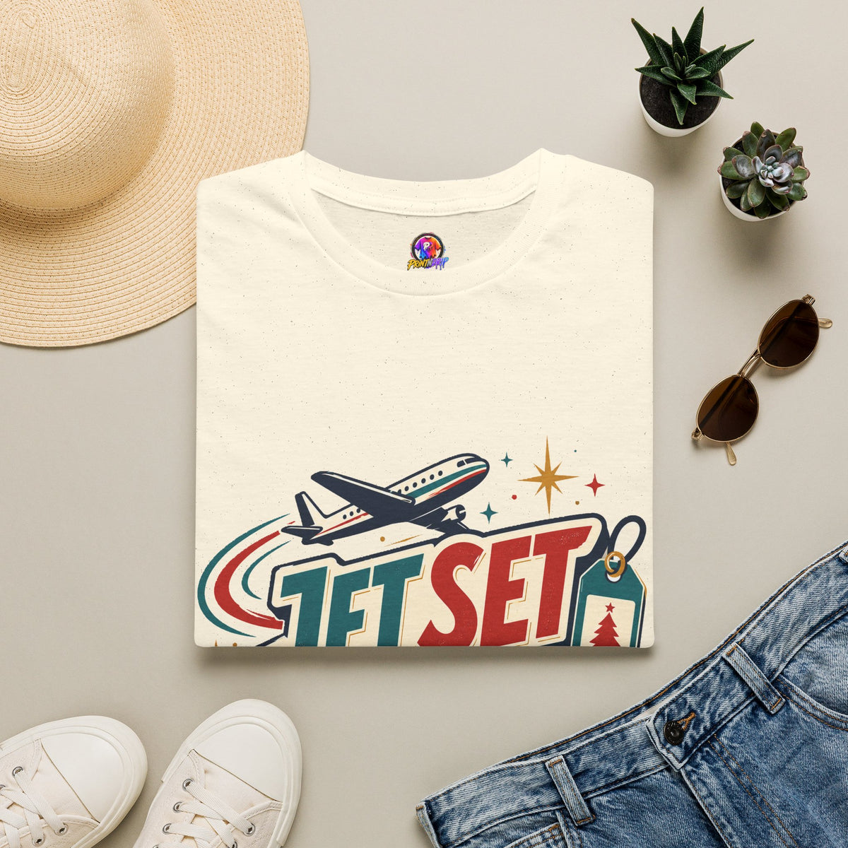 Jet Set Jingle Travel T-Shirt — Retro Airplane Vacation Graphic