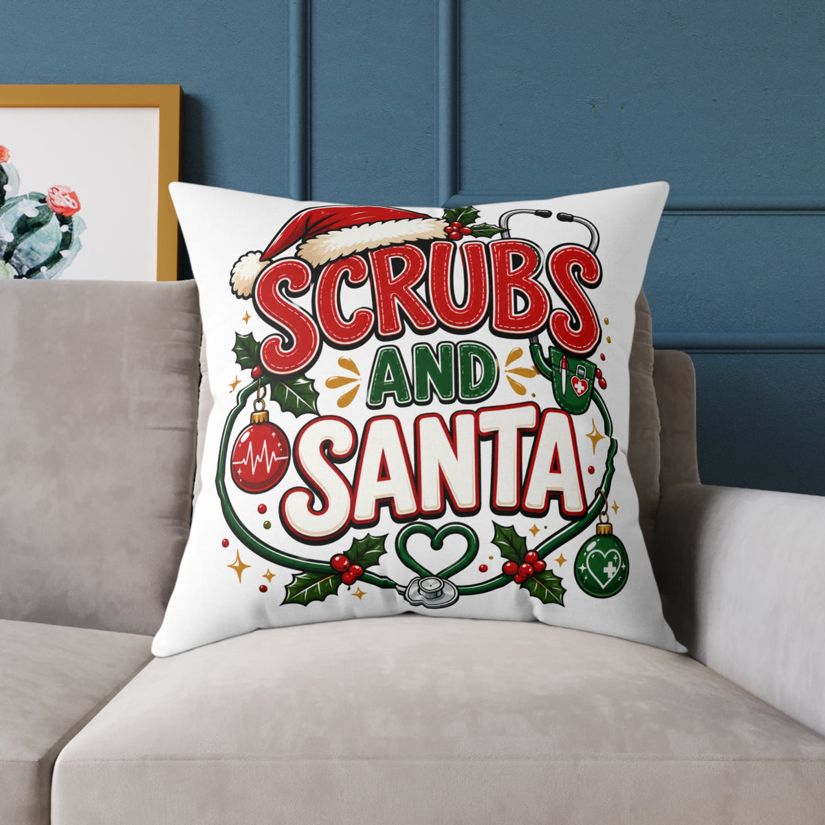 Christmas Square Pillow — Scrubs and Santa Christmas Cushion for Nurses