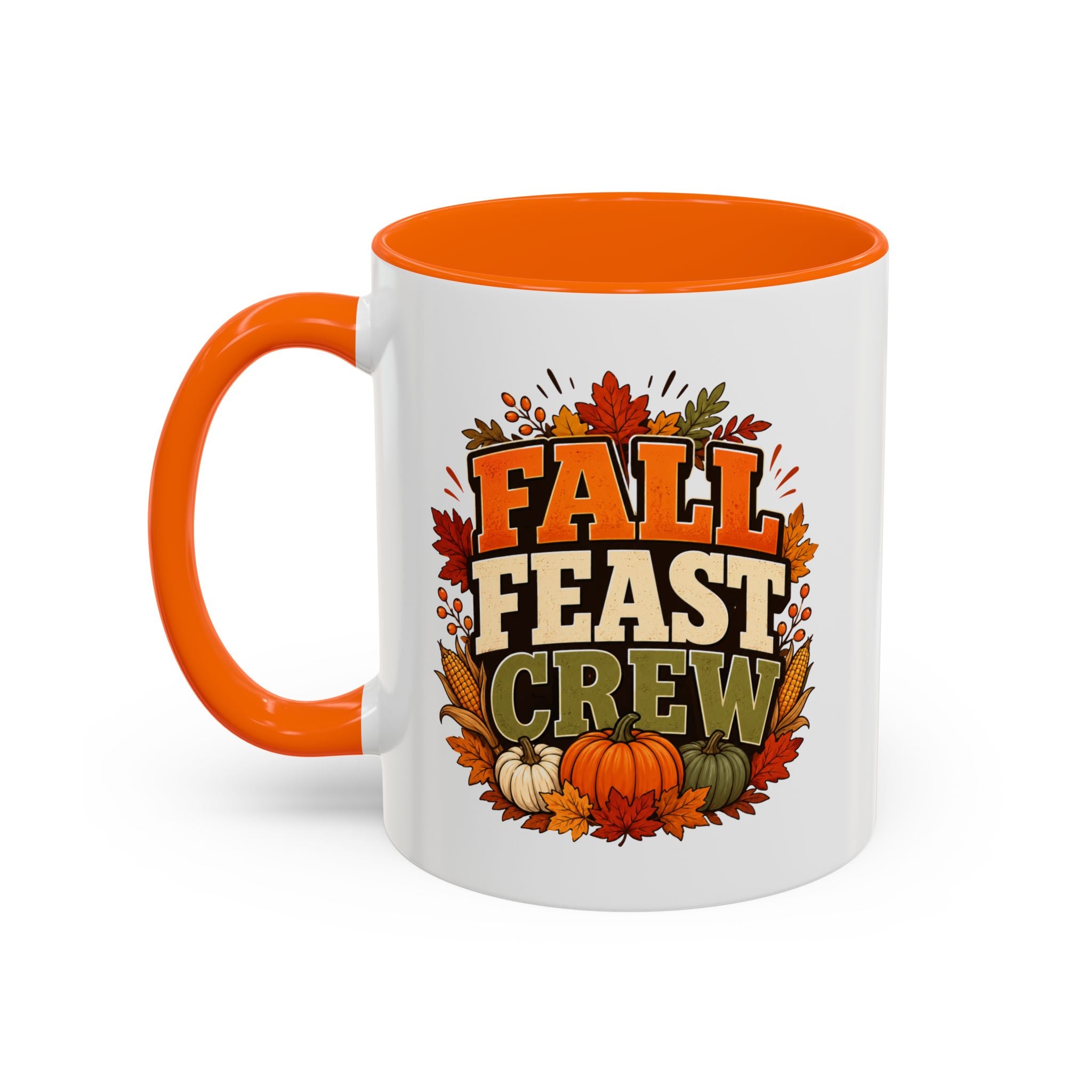 Thanksgiving Mug Fall Feast Crew Coffee Mug — Thanksgiving Pumpkin Autumn Leaves Accent Mug