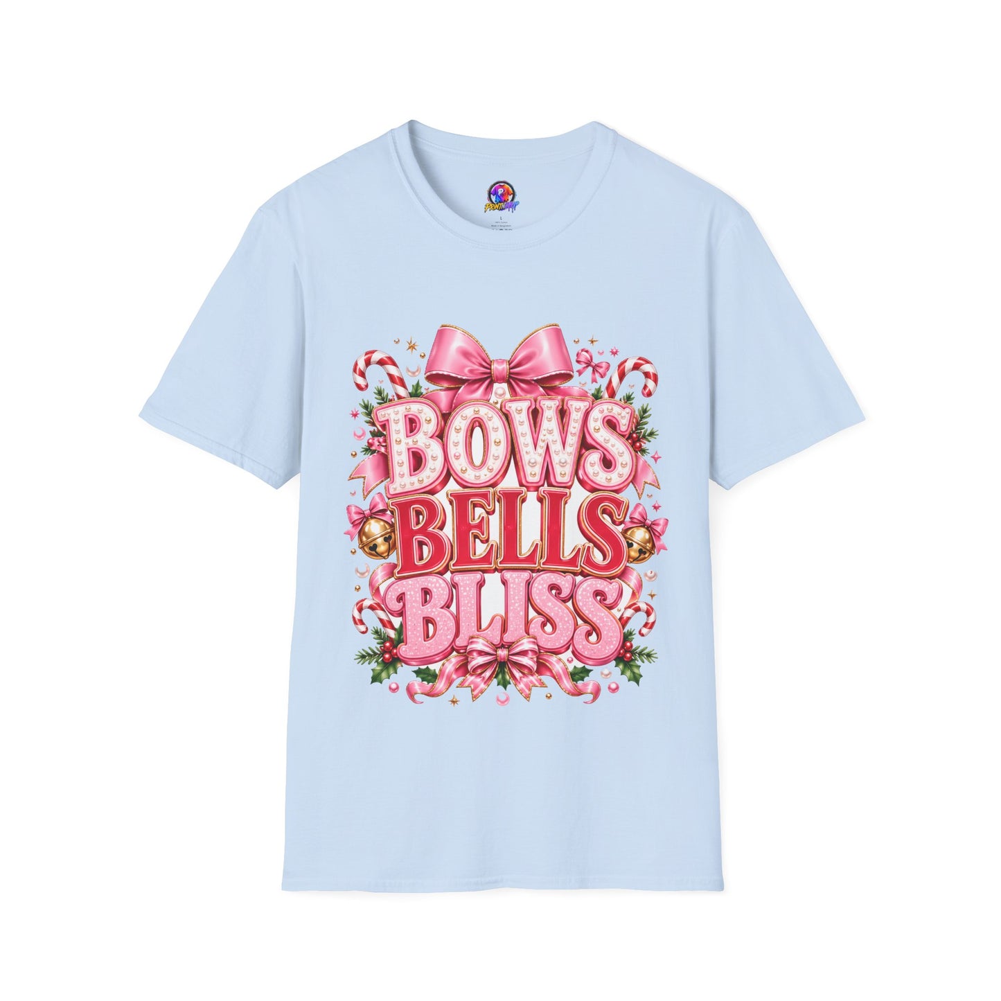 Bows Bells Bliss Christmas T‑Shirt — Pink Holiday Bow Graphic