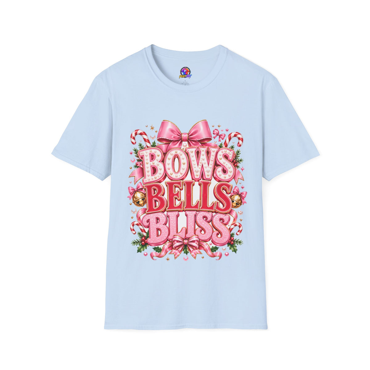 Bows Bells Bliss Christmas T‑Shirt — Pink Holiday Bow Graphic