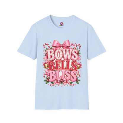 Bows Bells Bliss Christmas T‑Shirt — Pink Holiday Bow Graphic