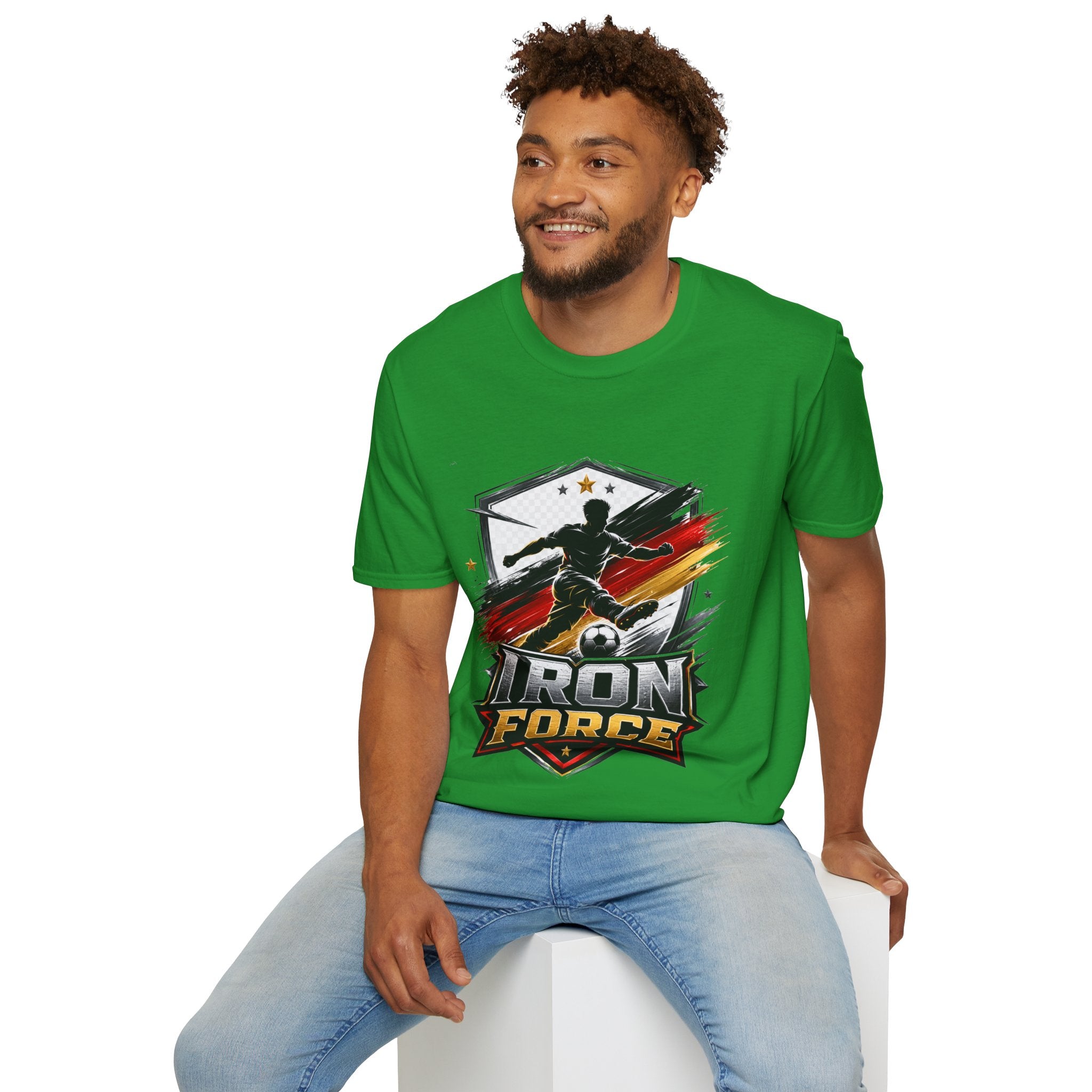 Germany Soccer 'Iron Force' Graphic T-Shirt — Player Silhouette with Red & Gold Brushstroke Emblem