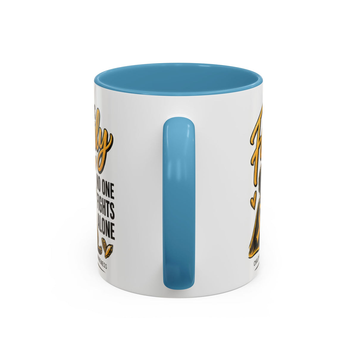 Childhood Cancer Awareness Accent Coffee Mug – "In This Family No One Fights Alone" (11/15oz)