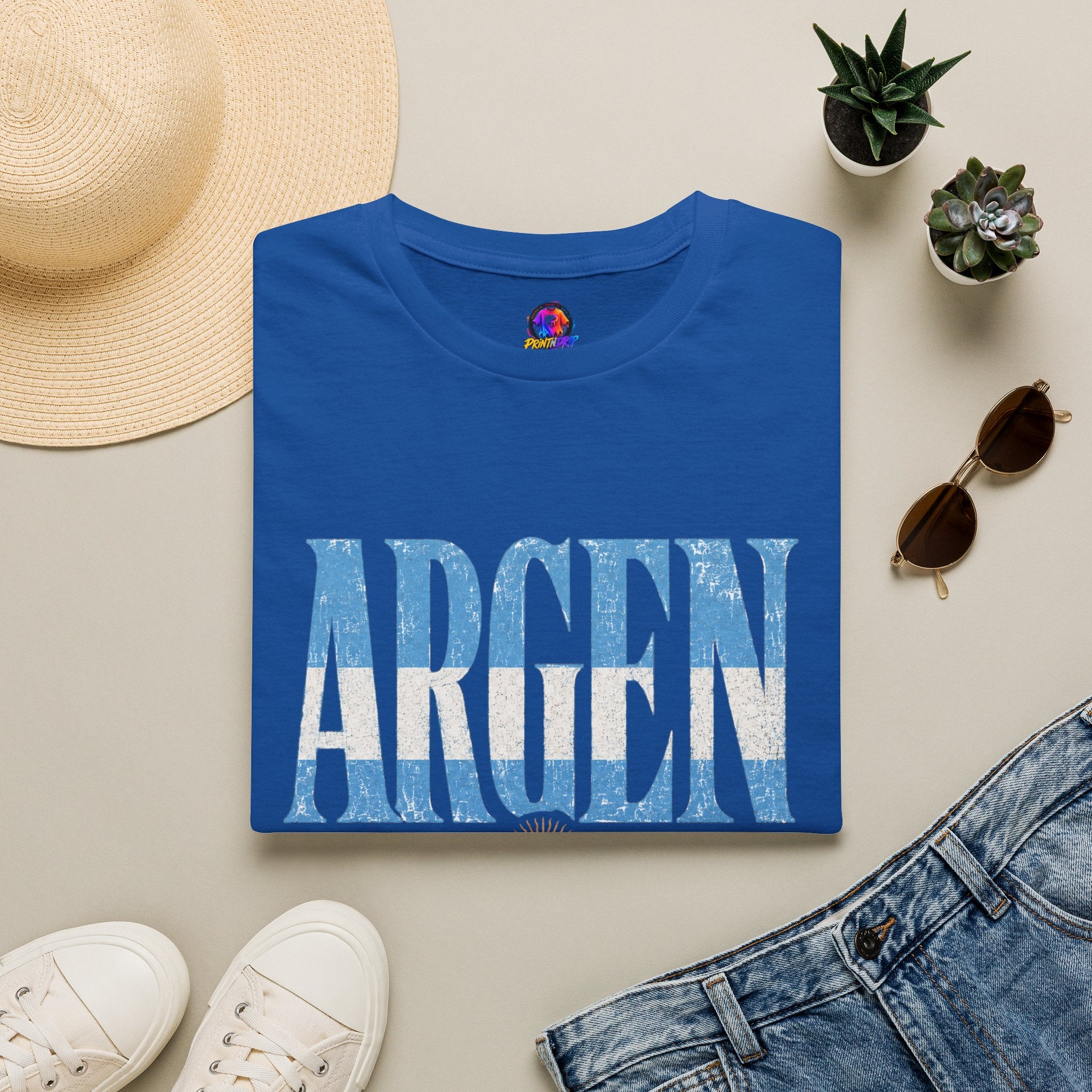 Argentina Flag Graphic T‑Shirt — Vintage Blue Distressed Typography