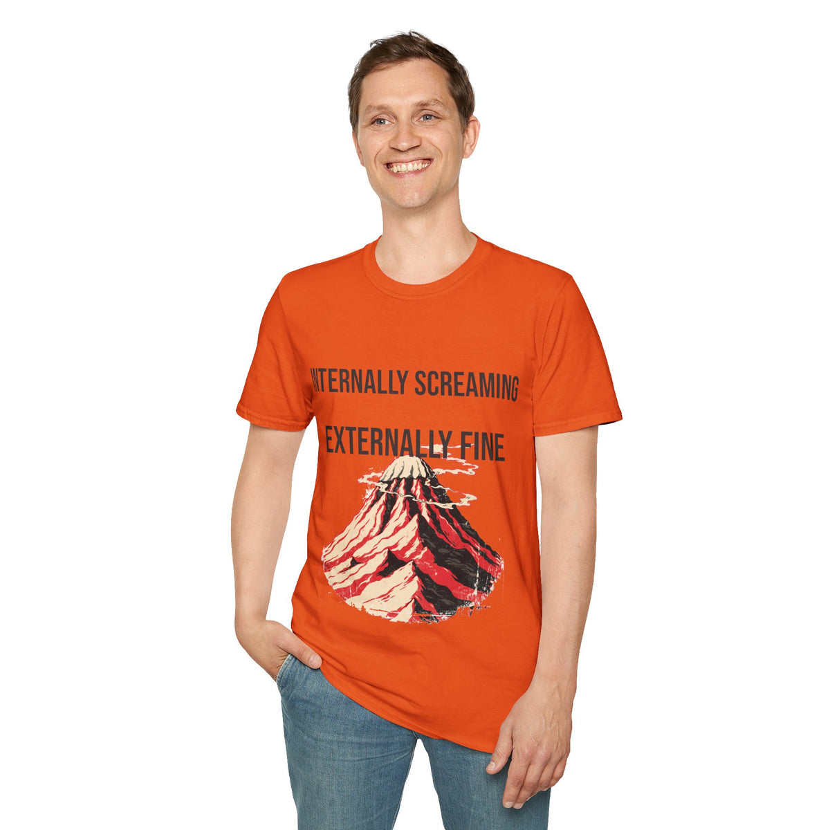 "Internally Screaming Externally Fine" Melting Volcano Tee - Funny Relatable Aesthetic White T-Shirt - Trending Now - September 2026